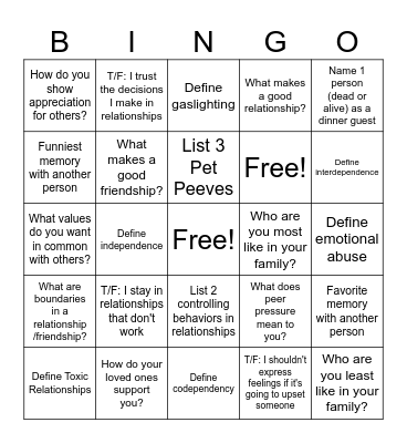 Relationships Bingo Card