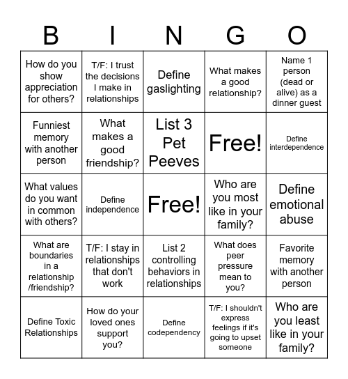 Relationships Bingo Card