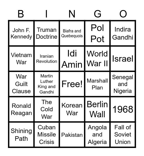 Unit 8 BINGO-The Cold War and Decolonization Bingo Card