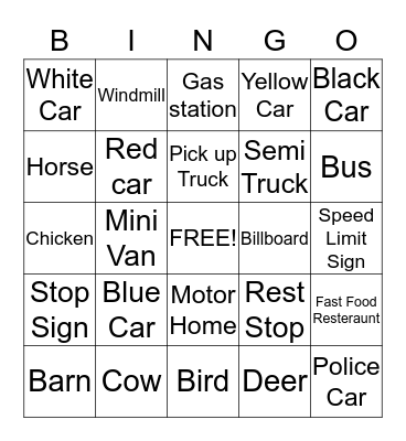 Van Run Fun Bingo Card