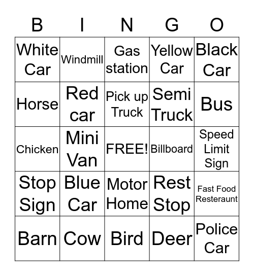 Van Run Fun Bingo Card