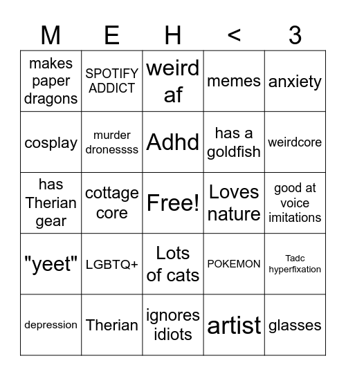 Meh <3 Bingo Card