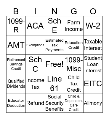 Tax, Blues & Rock 'n Roll Bingo Game Bingo Card