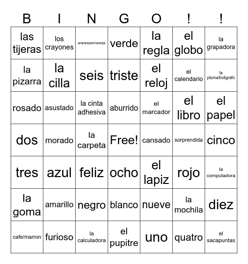 Spanish: 4th Grade Bingo Card