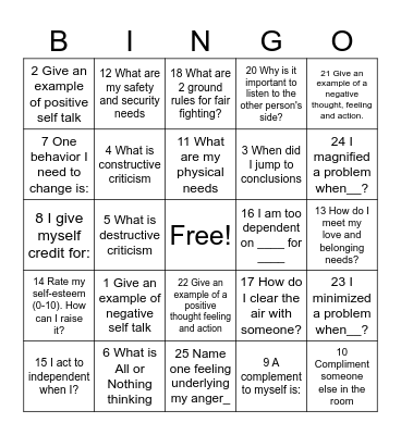 Coping Bingo Card