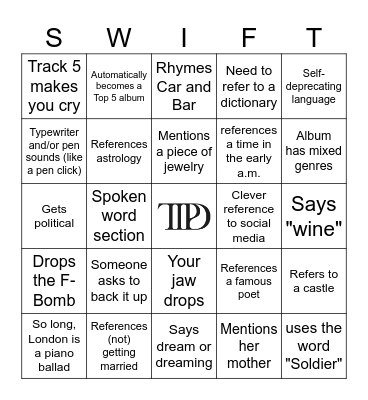 The Tortured Poets Dept. Bingo Card