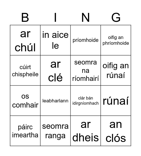 Bingo as Gaeilge Bingo Card