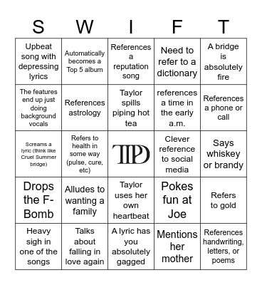 The Tortured Poets Dept. Bingo Card