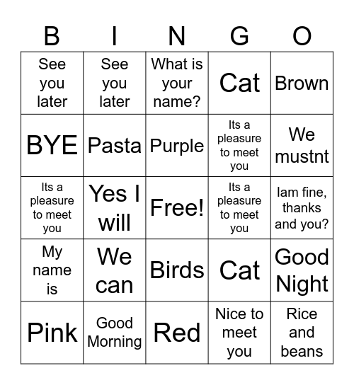 1rst Class Bingo Card