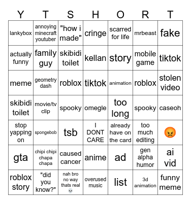 yt shorts Bingo Card