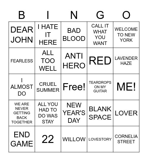 Taylor Swift Bingo Card