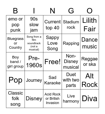Karaoke Bingo Card