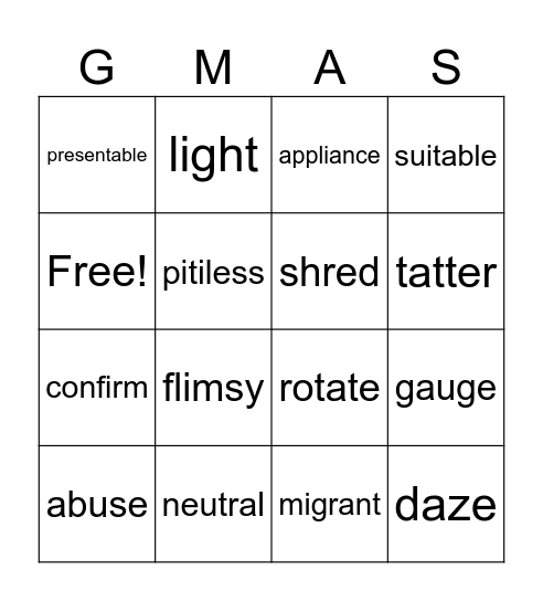 Unit 12 Vocabulary Review (Sadlier) Bingo Card