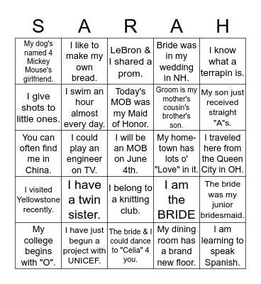 Sarah Sprague's Bridal Shower 5-29-2016 Bingo Card