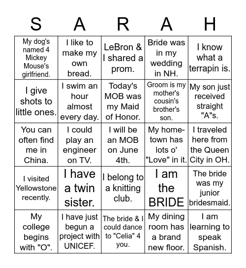 Sarah Sprague's Bridal Shower 5-29-2016 Bingo Card
