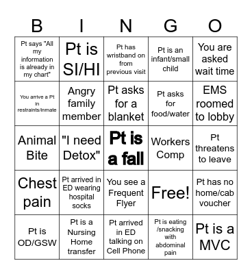 Patient Access Week Bingo- ED Bingo Card
