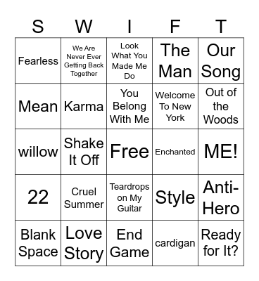 Taylor Swift Bingo 1 Bingo Card