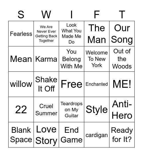 Taylor Swift Bingo 1 Bingo Card