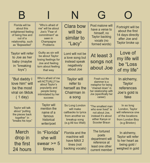 The Tortured Bingo Department Bingo Card