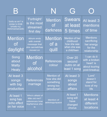 The Tortured Poets Department Bingo Card