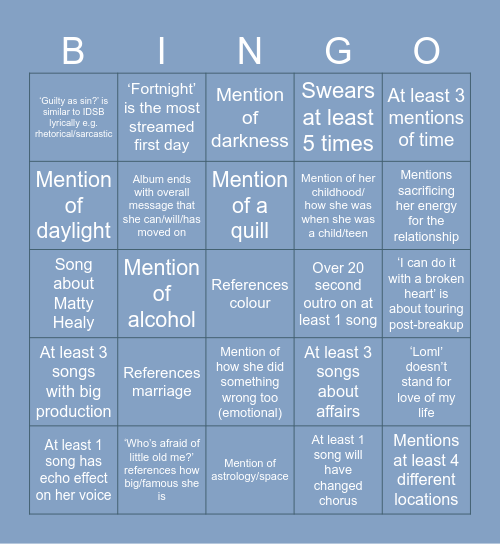 The Tortured Poets Department Bingo Card