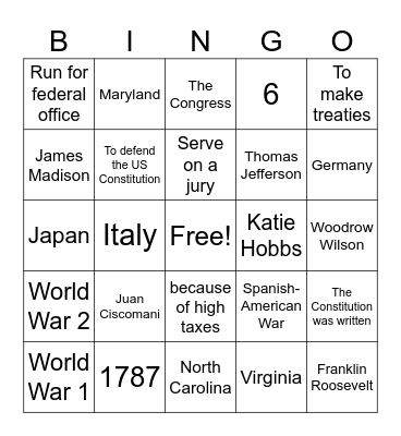 Civics Bingo Card