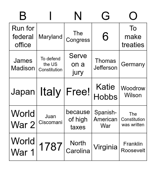 Civics Bingo Card