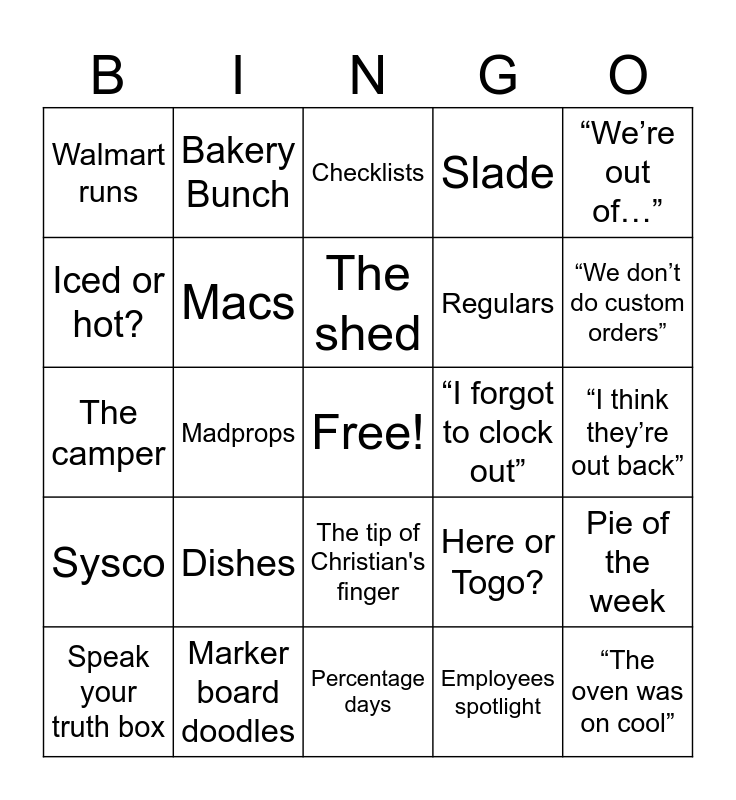 Bakery Bingo Card