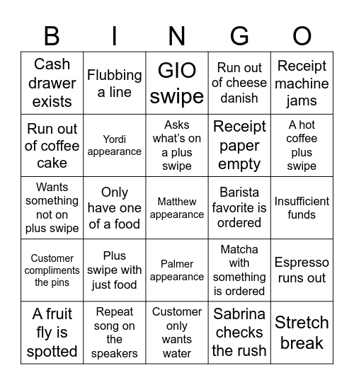 Barista Bingo Card