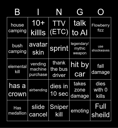 Fortnite battle pass Bingo Card