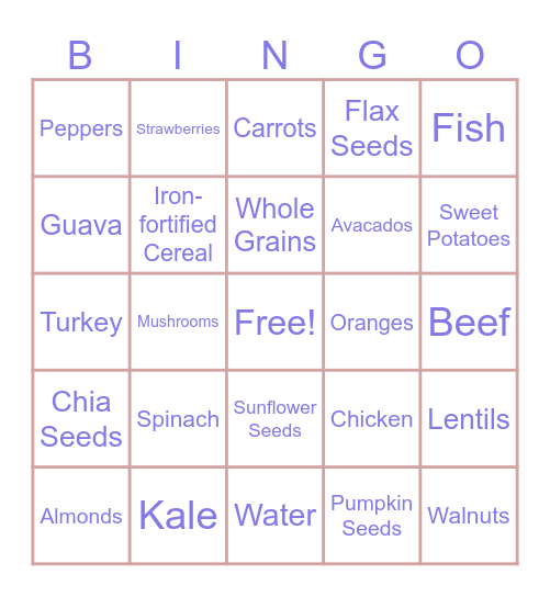 Sara French's Healthy Foods Bingo Card