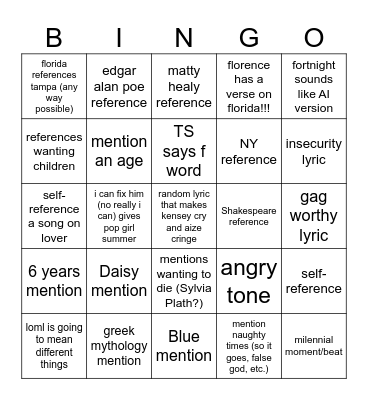 TTPD Bingo CARD Bingo Card