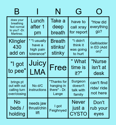 PACU Nurses Week Bingo Card