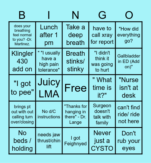 PACU Nurses Week Bingo Card