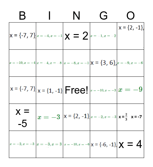 Finding Roots/Zeroes/Solutions for Quadratic Function Bingo Card