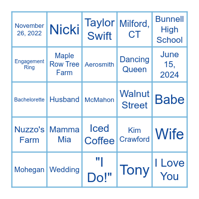 Danielle's Bridal Bingo Card