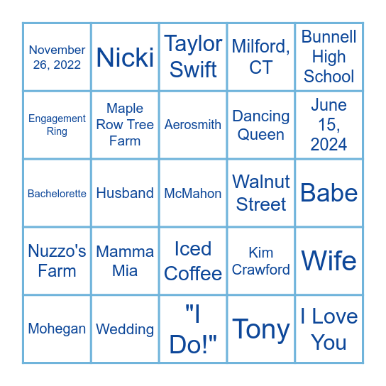 Danielle's Bridal Bingo Card