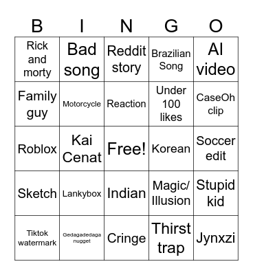 YouTube Shorts Bingo Card
