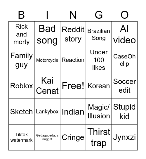 YouTube Shorts Bingo Card