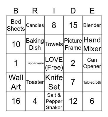 Lambert's Wedding Shower Bingo Card