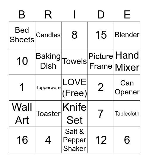 Lambert's Wedding Shower Bingo Card