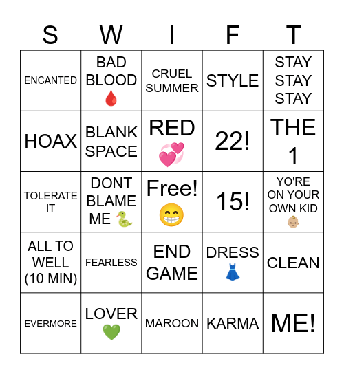 TAYLOR SWIFT Bingo Card