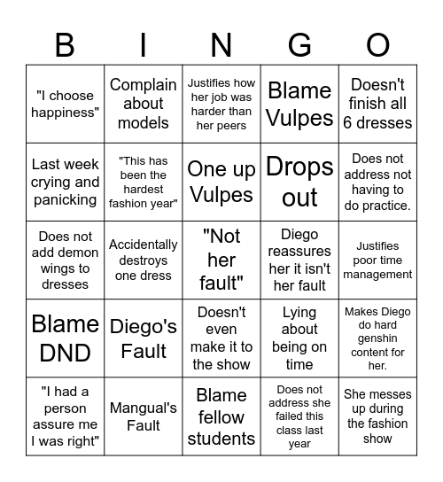 The "Fashion" Show Bingo Card