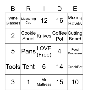 Lambert's Wedding Shower Bingo Card