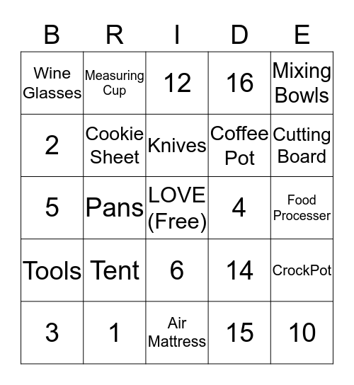 Lambert's Wedding Shower Bingo Card