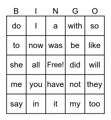 Heart Word Bingo Card