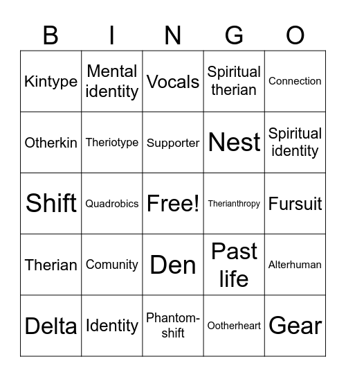 Alterhuman/furry bingo Card