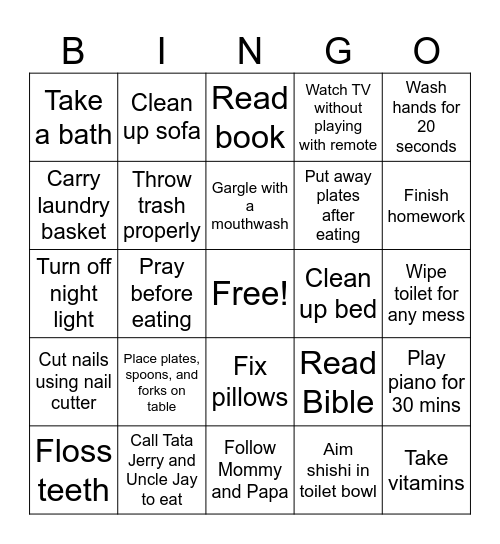 Matheo's Daily Tasks Bingo Card