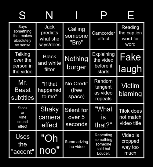 Sssniperwolf Bingo Card