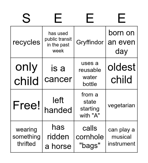 Find someone who fits category Bingo Card